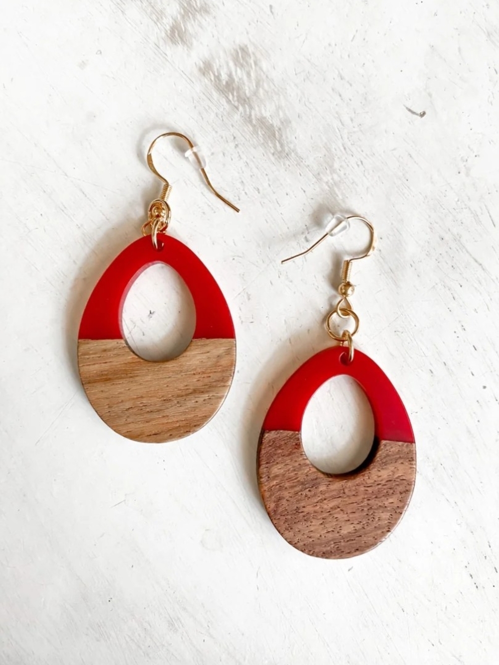 Red and Wood Teardrop Dangle Earrings